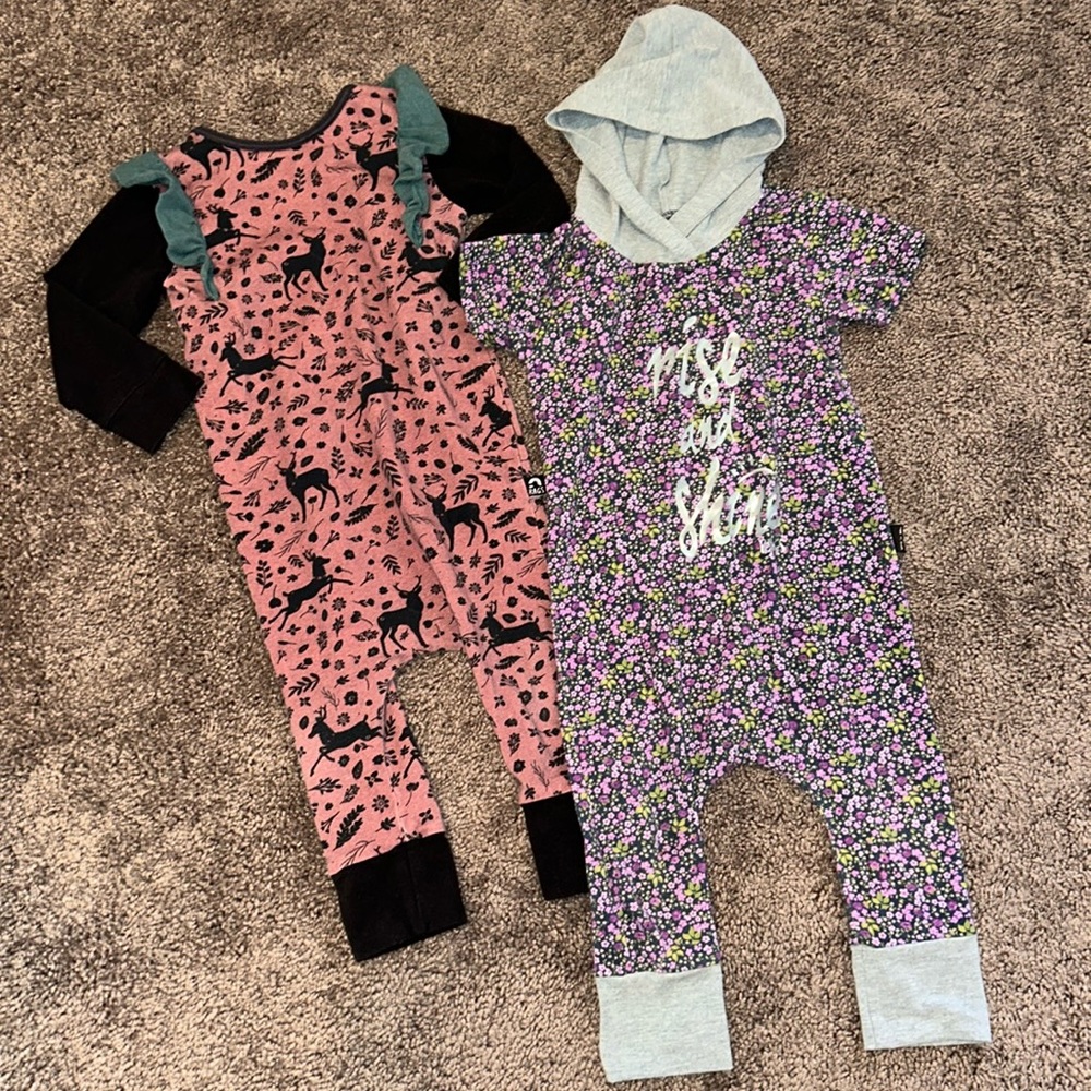 RAGS babygirl deer nature and purple “rise and shine” floral romper 12/18m
